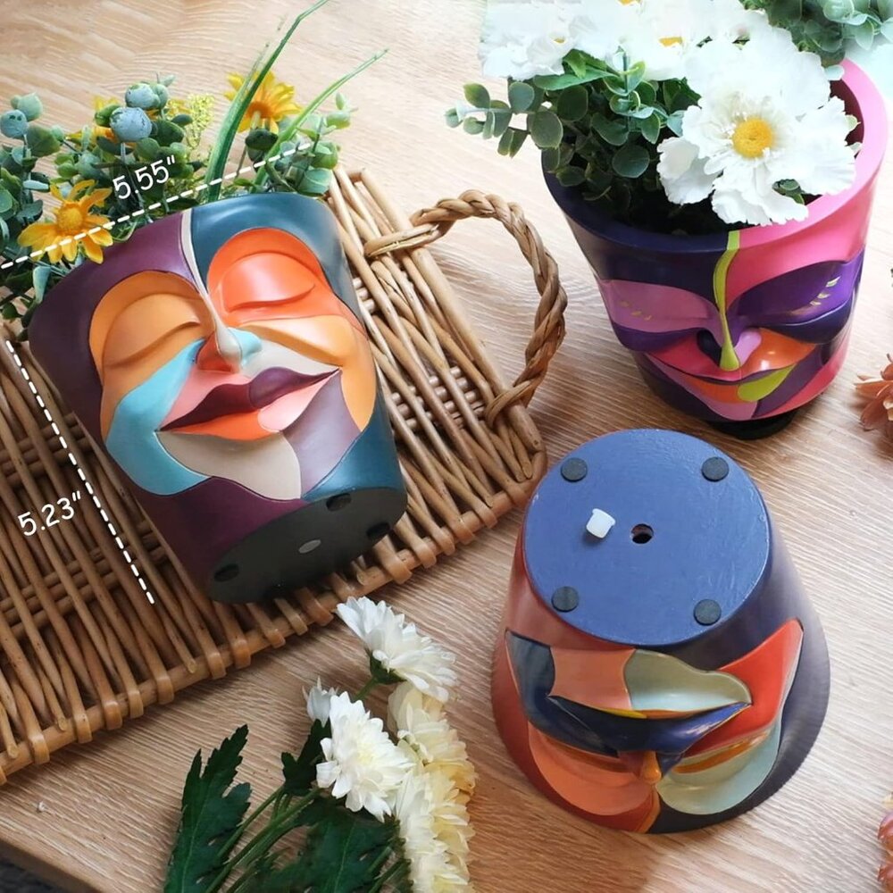 Abstract Rainbow Head Planter, Unique Face Plant Pot with Drainage, Cute Eclecti - Picture 4 of 6
